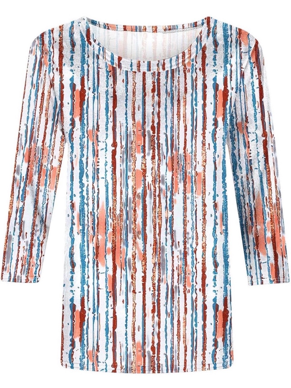 Striped Watercolor Print Scoop Neck Top - White, Rust & Teal